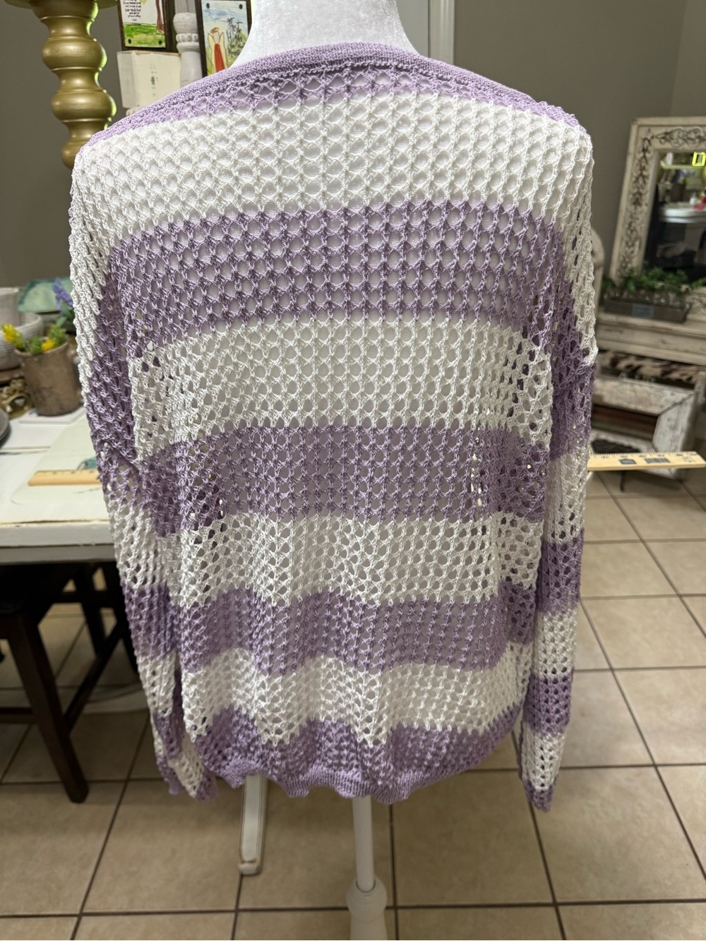 Open Knit Stripe Sweater in Lavender and Cream Small - Picture 5 of 8